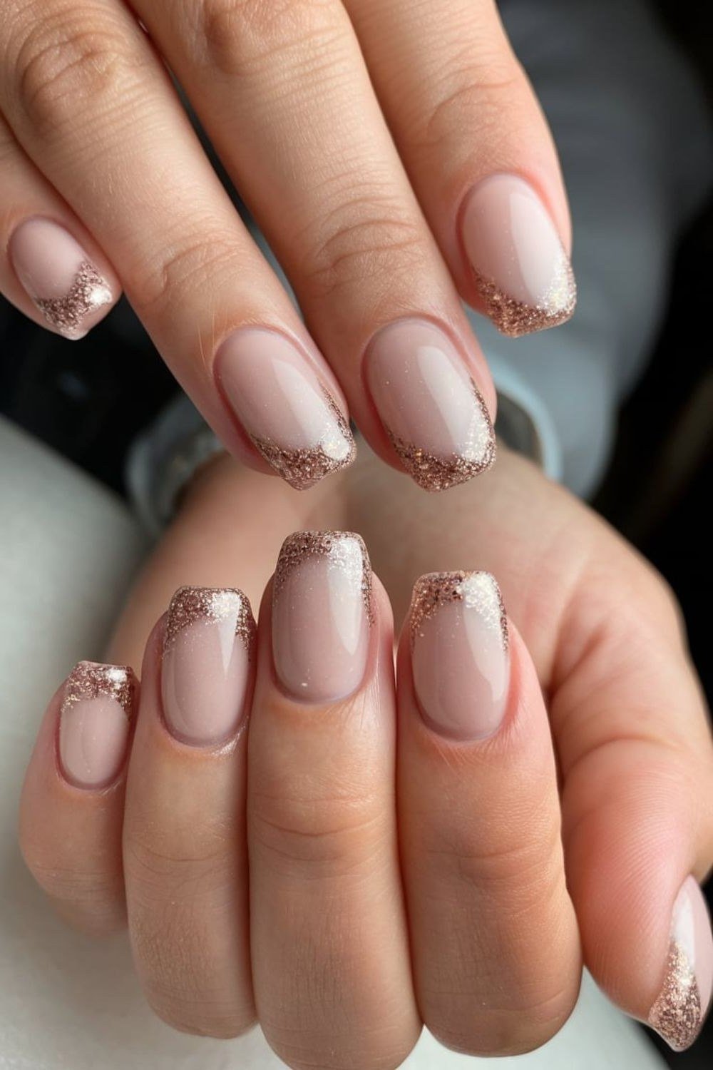 mauve squoval nails with rose-gold glitter tips - honey glazed nude nails for women over 50