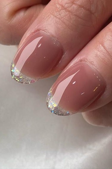 mauve almond nails with glitter french tips - honey glazed nude nails for women over 50