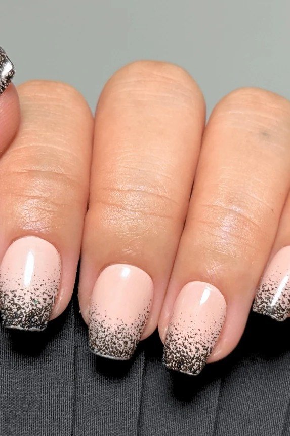 pink squoval nails with a silver glitter ombre - honey glazed nude nails for women over 50