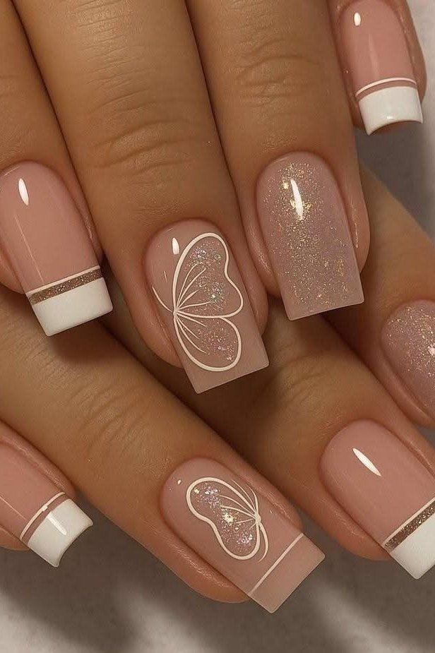 nude french square nails with butterfly line art - honey glazed nude nails for women over 50