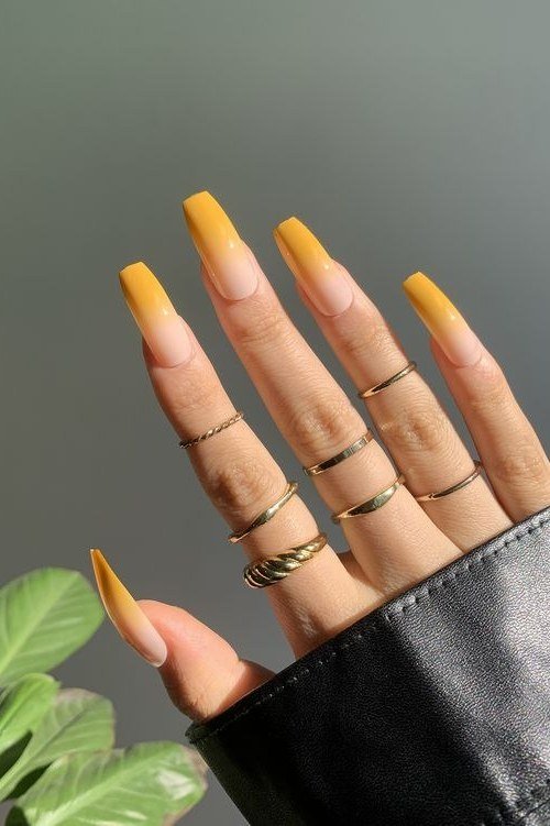 honey yellow glazed almond nails - honey glazed nude nails for women over 50