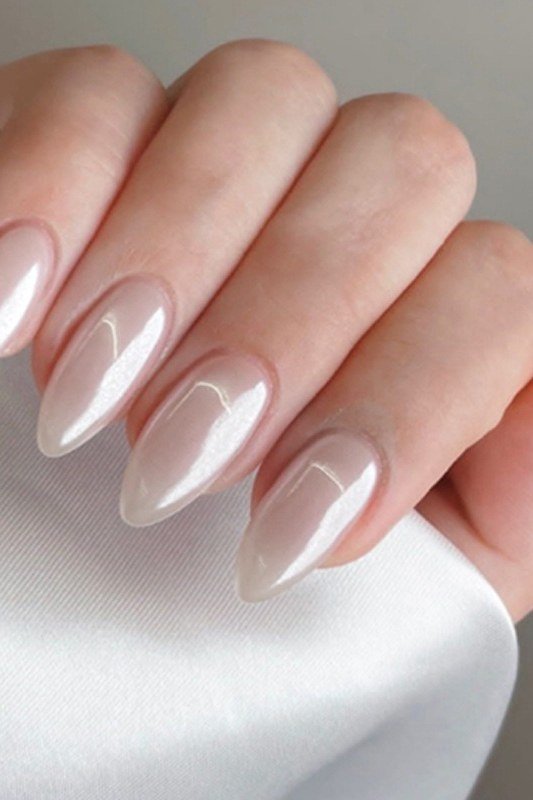 pearl chrome almond nails - honey glazed nude nails for women over 50