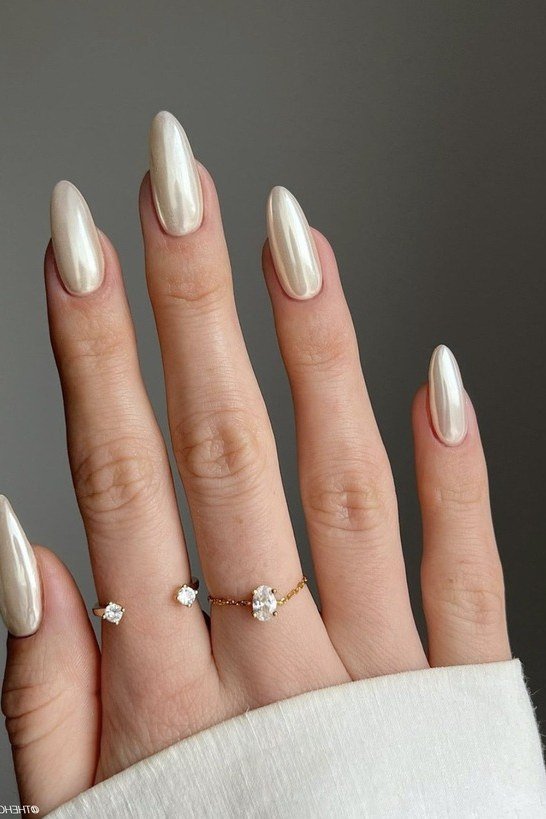 long pearl chrome almond nails - honey glazed nude nails for women over 50