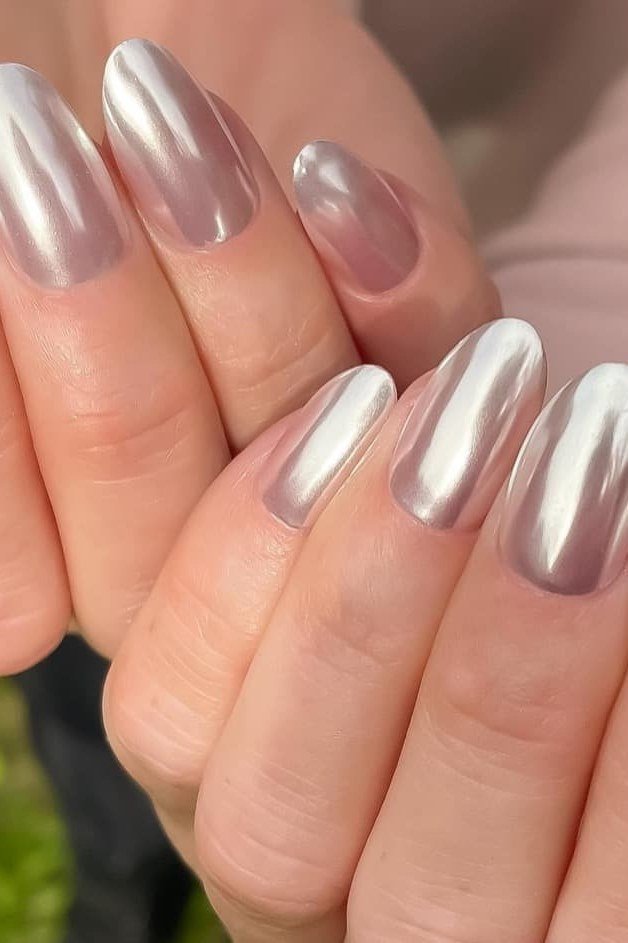 silver chrome almond nails - honey glazed nude nails for women over 50