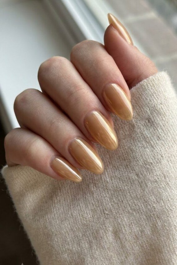 golden honey almond nails - honey glazed nude nails for women over 50