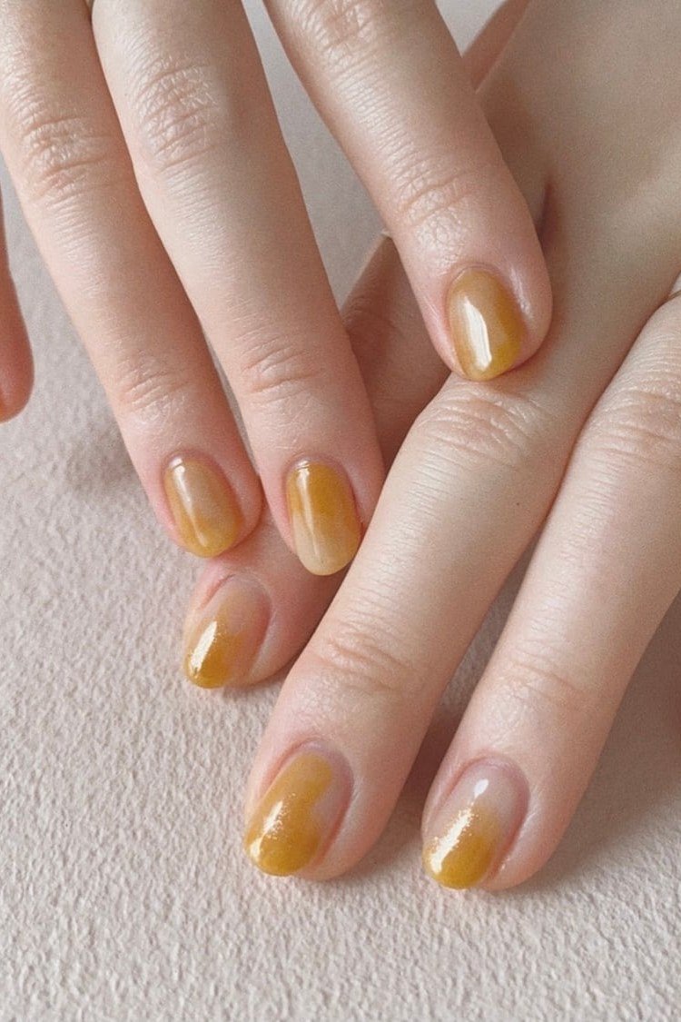 honey gold almond nails for both hands - honey glazed nude nails for women over 50