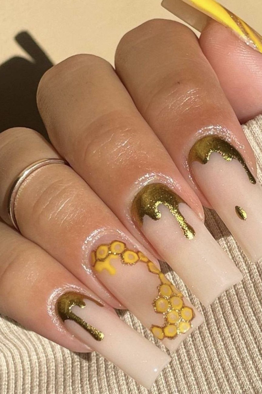 gold drip honeycomb squoval nails - honey glazed nude nails for women over 50