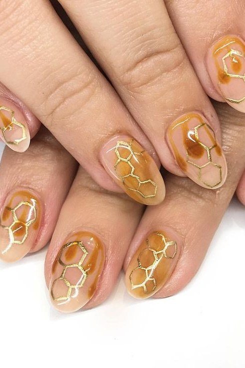 honeycomb honey almond nails - honey glazed nude nails for women over 50