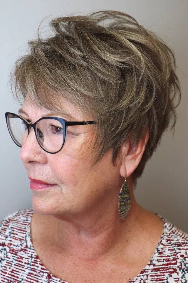 Brown-Blonde Feathered Pixie with Glasses for women over 50