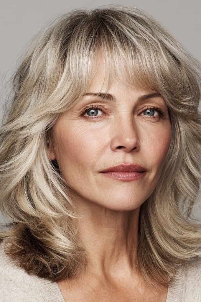 Ash-Blonde Feathered Shag Bob with Bangs for women over 50