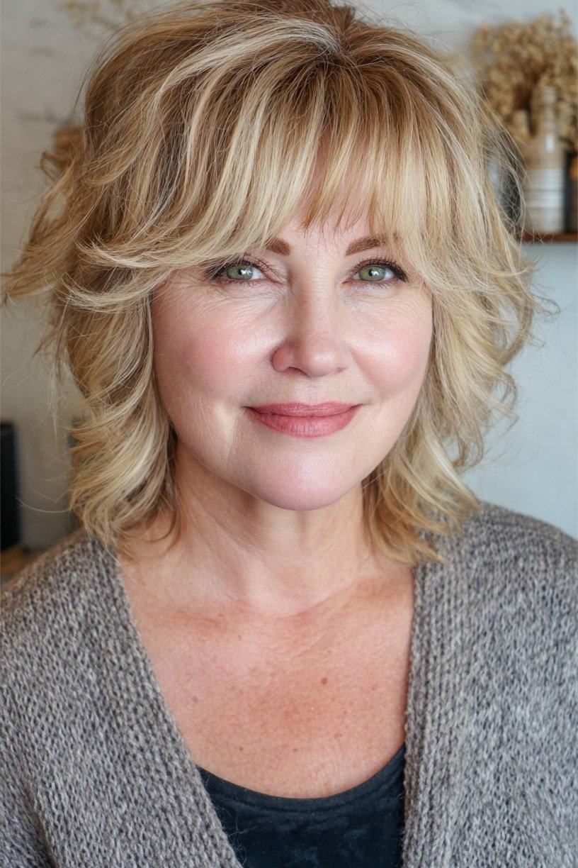 Blonde Feathered Bob with Bangs for women over 50