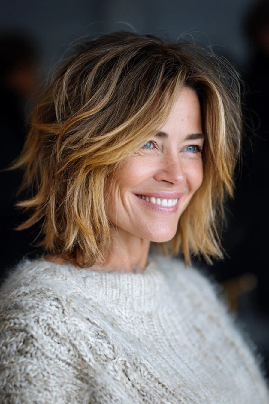Brown-Blonde Feathered Shag Bob for women over 50