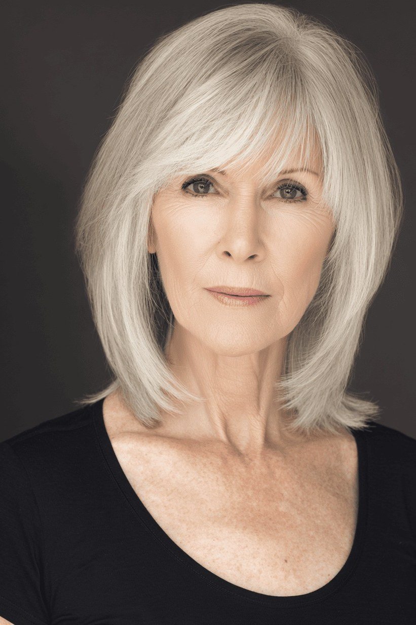 White-Silver Feathered Layered Bob for women over 50
