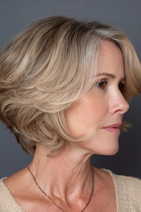 Blonde Feathered Bob with Side Layers for women over 50