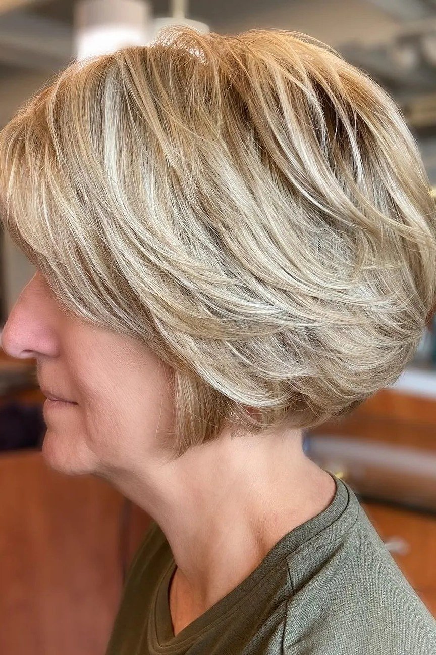 Blonde Feathered Side-Swept Bob for women over 50