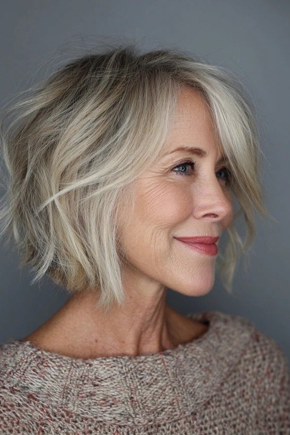 White Feathered Bob with Side Sweep for women over 50