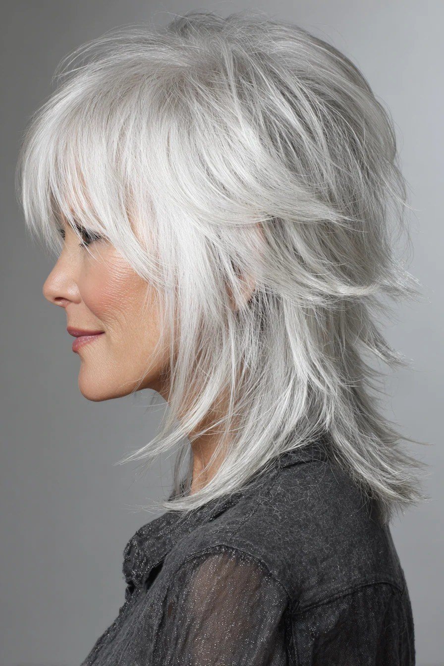 White Feathered Shag with Bangs for women over 50