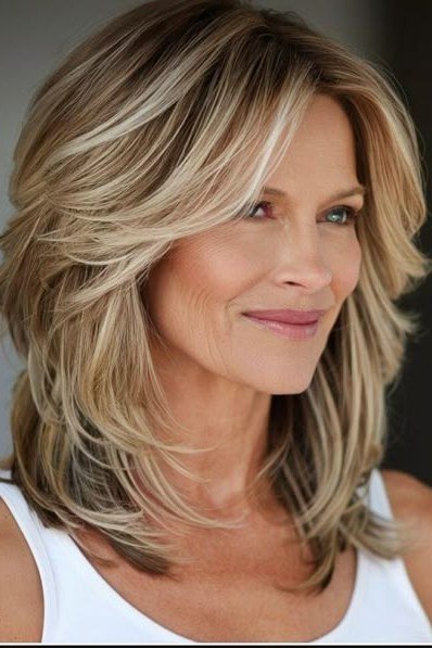 Honey-Blonde Long Feathered Layers for women over 50