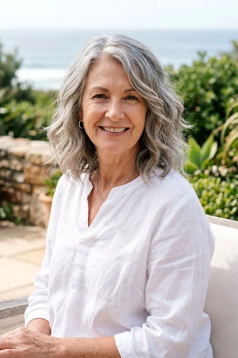 Silver Feathered Shoulder Cut with Face Framing for women over 50