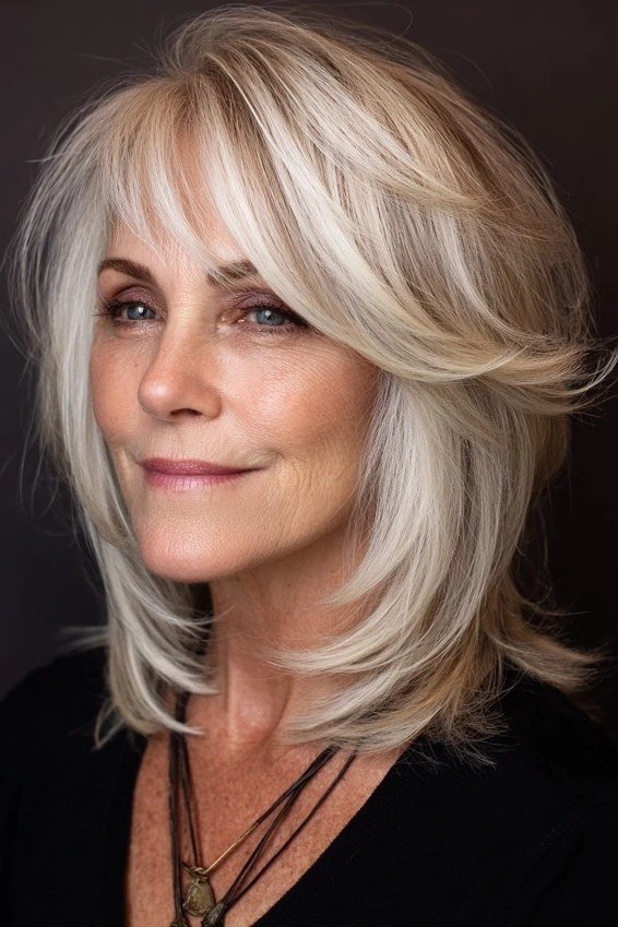 Silver Shoulder Feathered Cut with Bangs for women over 50