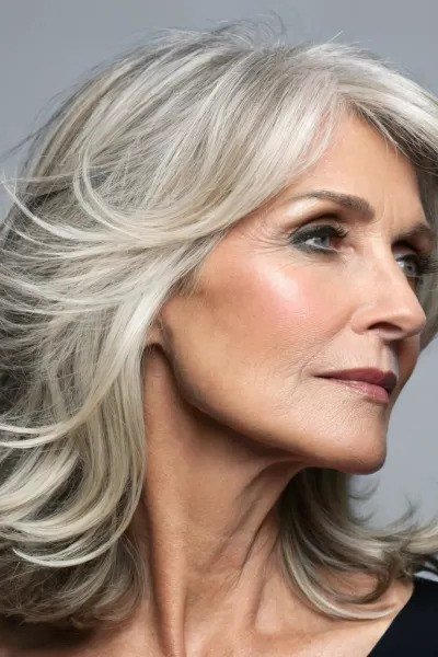 Silver Wavy Feathered Shoulder Cut for women over 50
