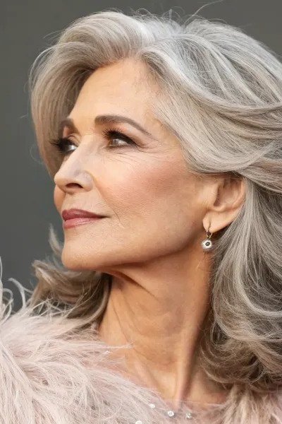 Silver Feathered Shoulder Cut with Volume for women over 50