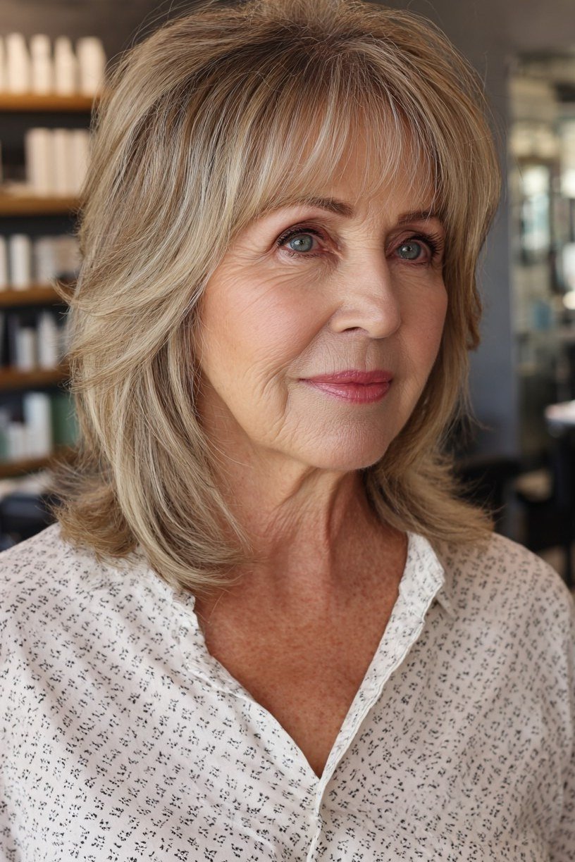 Honey Feathered Layers with Soft Curls for women over 50