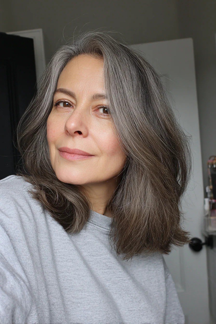 Salt-and-Pepper Feathered Shoulder Cut for women over 50