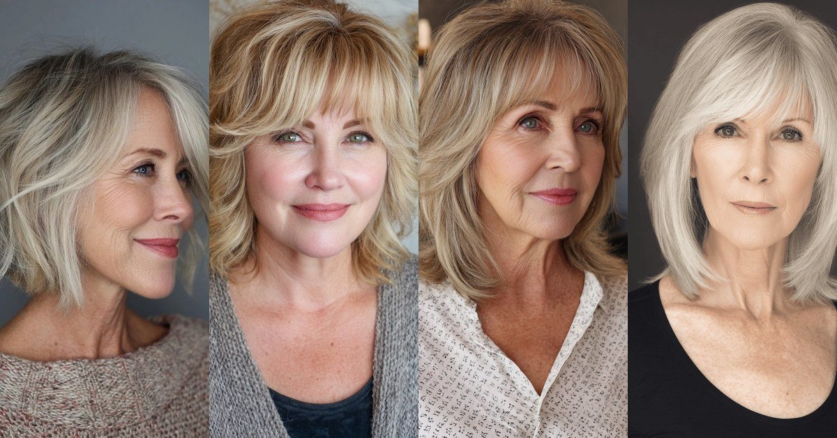 Feathered hairstyles for women over 50 collage