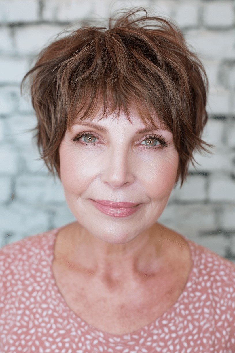 Textured Pixie-Bob with Wispy Bangs - hush cut hairstyle for women over 50, idea 1
