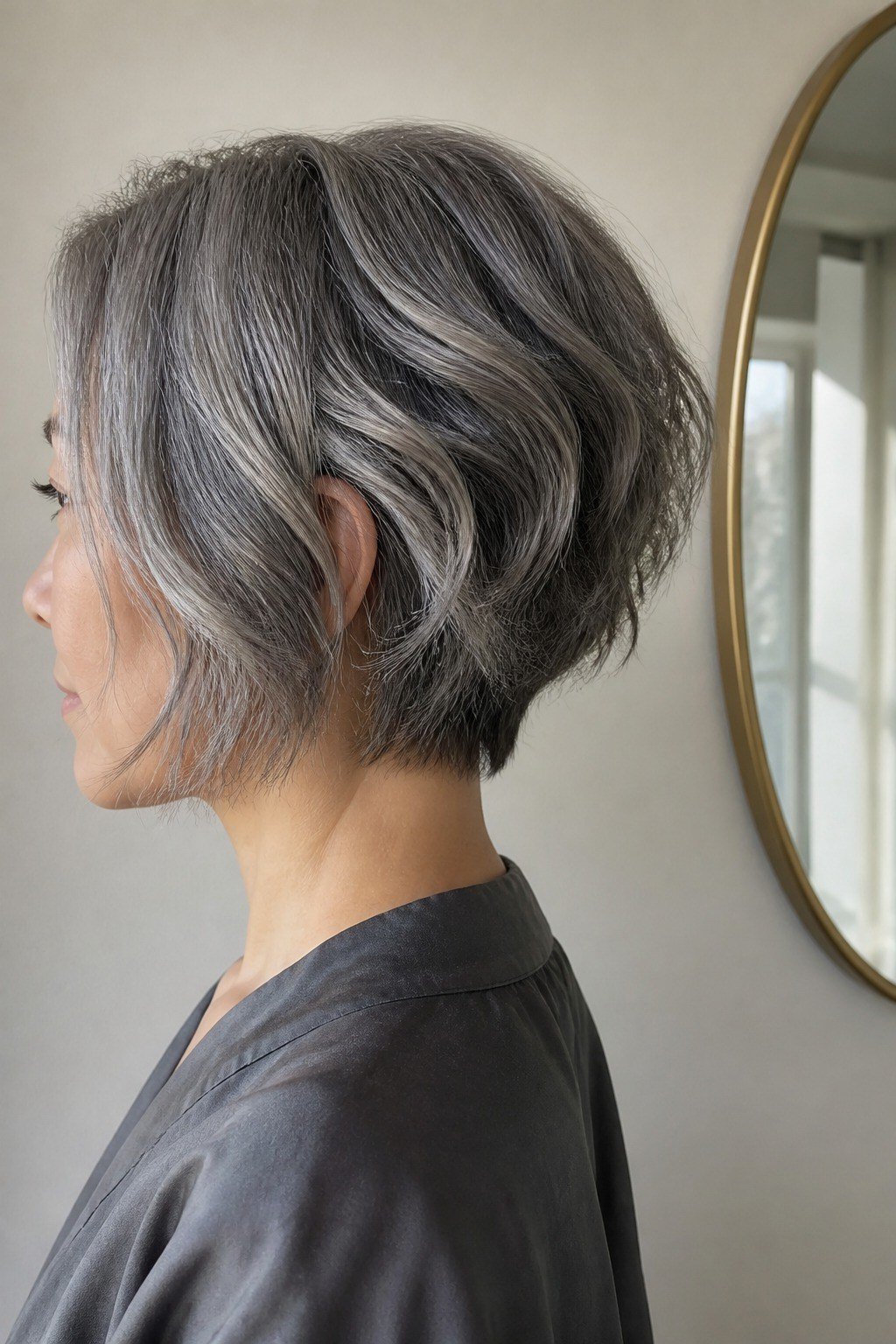 Feathered Silver-Gray Side Pixie - hush cut hairstyle for women over 50, idea 7
