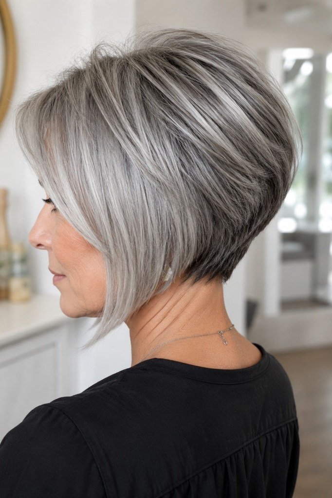 Soft-Layered Silver-Gray Pixie, Back View - hush cut hairstyle for women over 50, idea 9