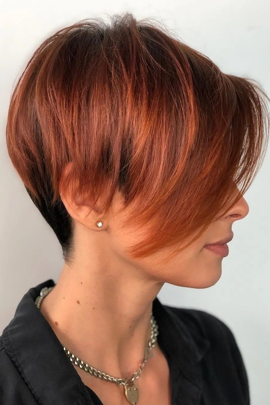 Copper Textured Pixie, Side Profile - hush cut hairstyle for women over 50, idea 15