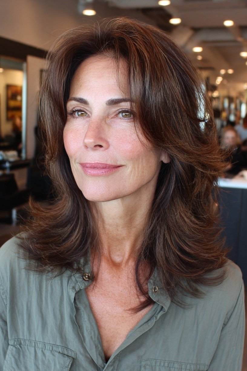 Dark Brown Long Layered Hush Cut - hush cut hairstyle for women over 50, idea 17
