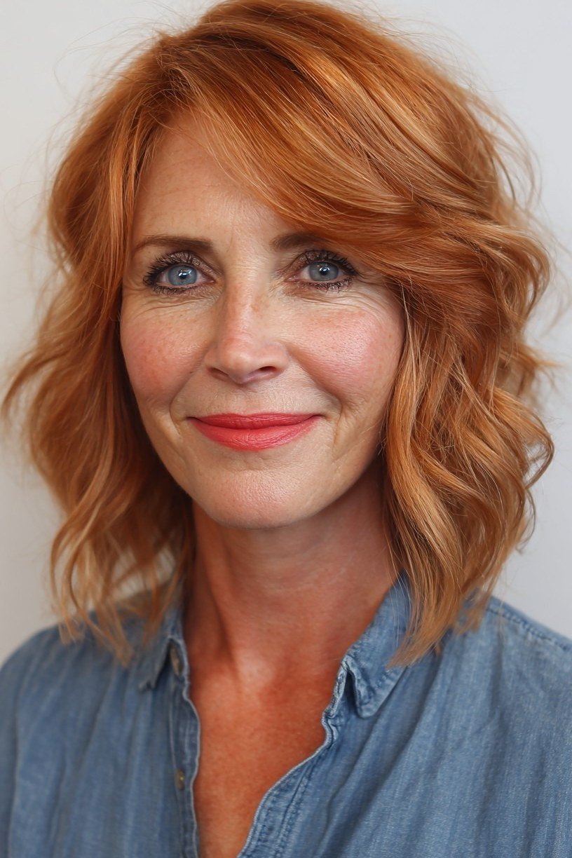 Copper Wavy Lob with Soft Layers - hush cut hairstyle for women over 50, idea 18