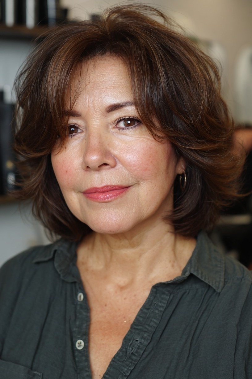 Dark Brown Wavy Chin-to-Shoulder Bob - hush cut hairstyle for women over 50, idea 19