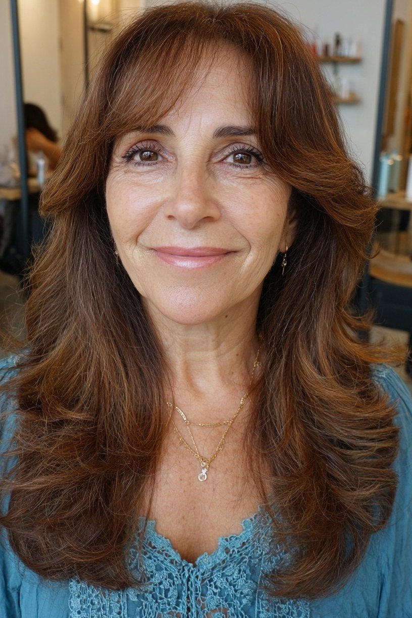 Chestnut Long Layered Hush Cut - hush cut hairstyle for women over 50, idea 20