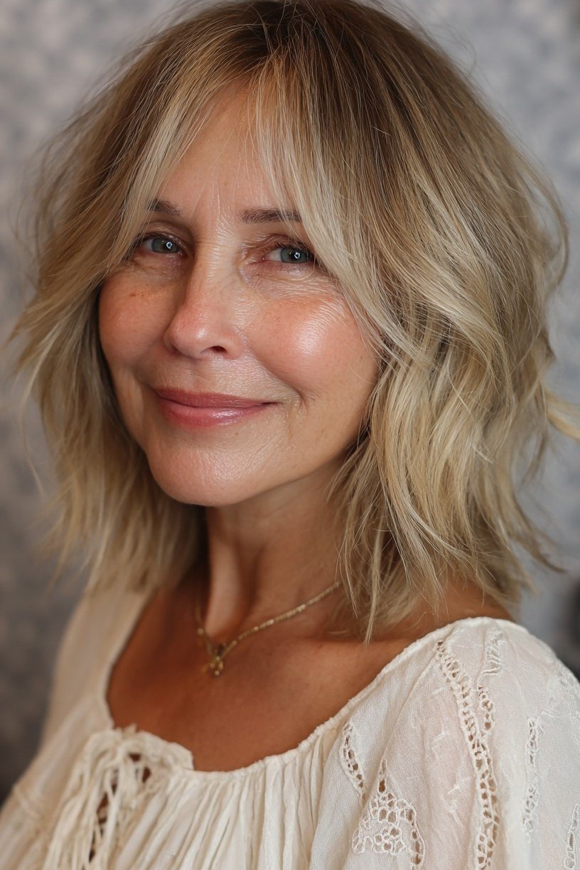 Blonde Face-Framing Layered Lob - hush cut hairstyle for women over 50, idea 21