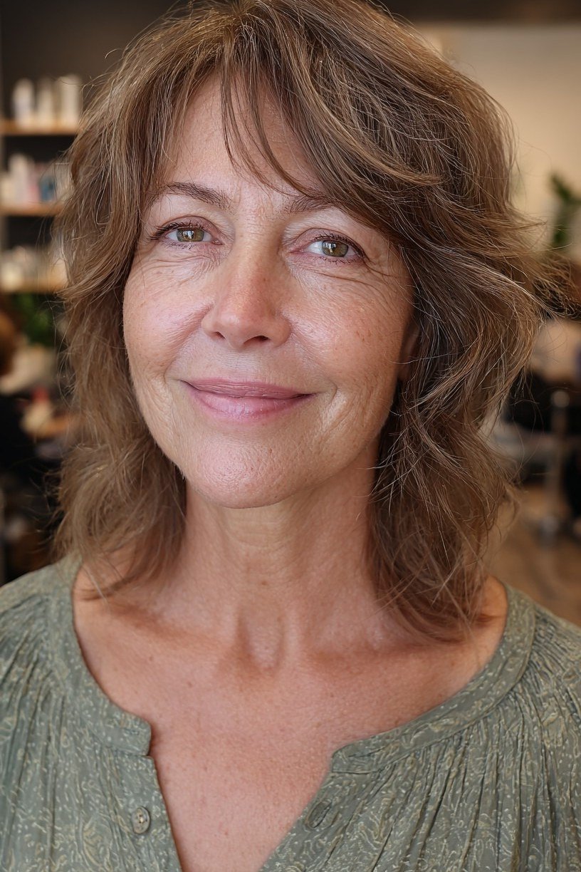 Light Brown Wavy Shoulder-Length Hush - hush cut hairstyle for women over 50, idea 22