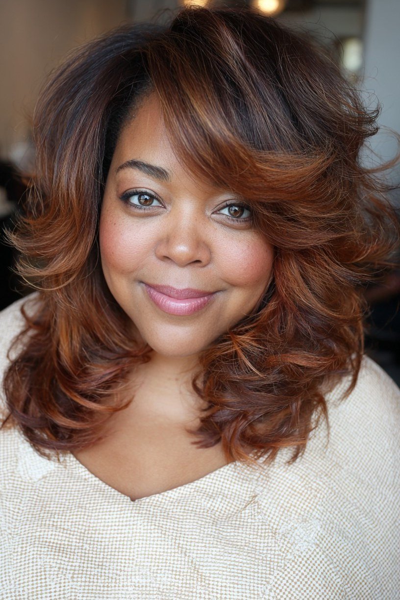 Voluminous Copper Layered Hush Cut - hush cut hairstyle for women over 50, idea 23