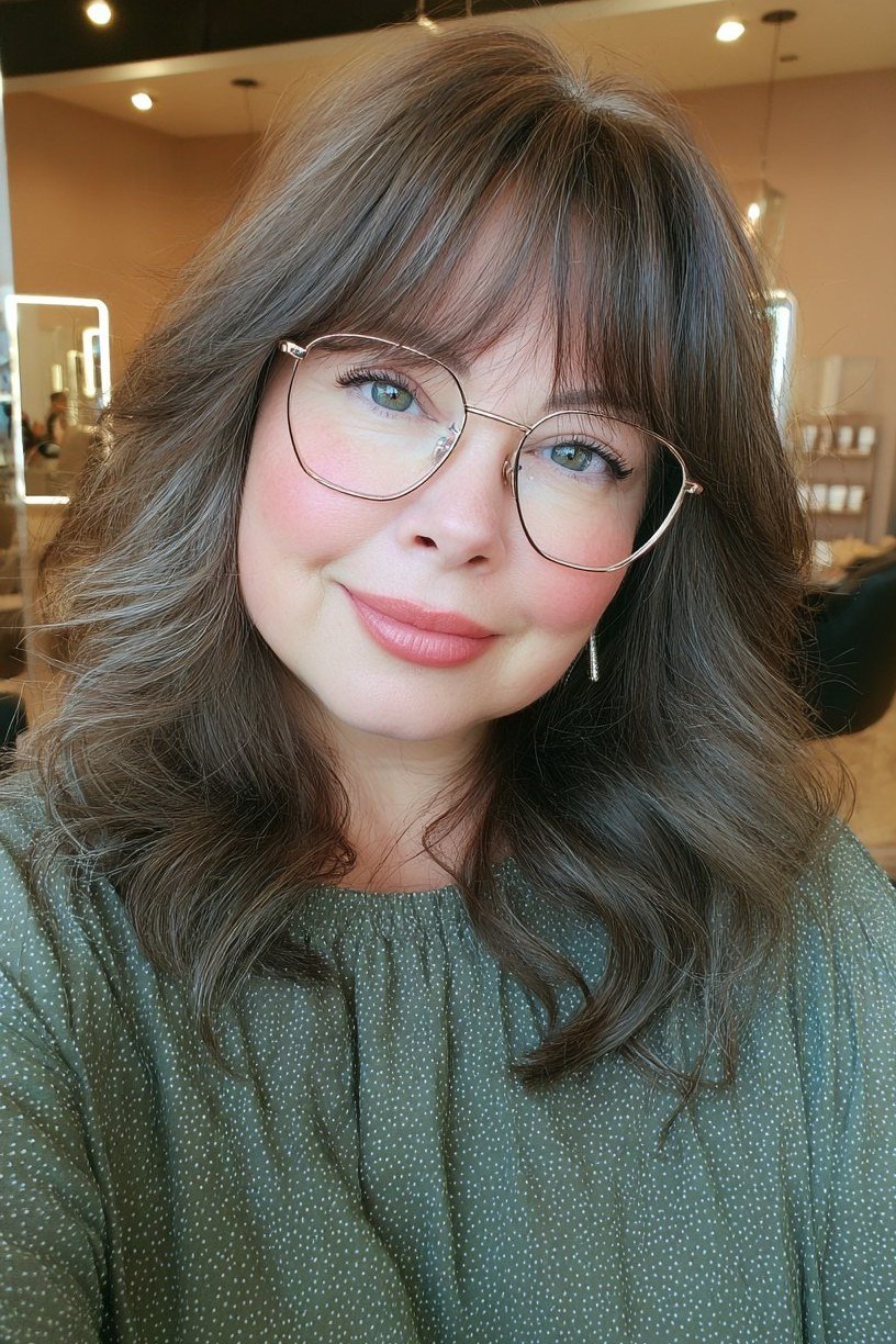 Brown-Gray Wavy Medium Hush with Glasses - hush cut hairstyle for women over 50, idea 25