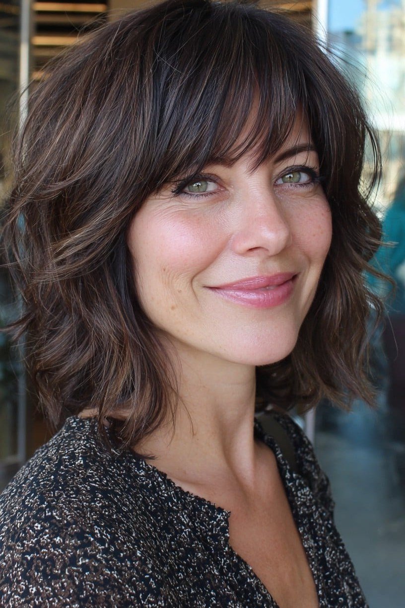 Dark Brunette Wavy Layered Bob - hush cut hairstyle for women over 50, idea 26
