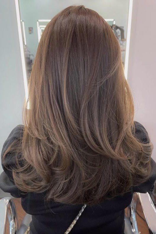 Medium-Brown Long Layered Hush, Back View - hush cut hairstyle for women over 50, idea 28