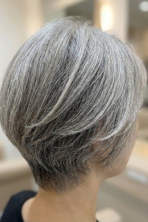 Rounded Silver-Gray Bob, Back View - hush cut hairstyle for women over 50, idea 30