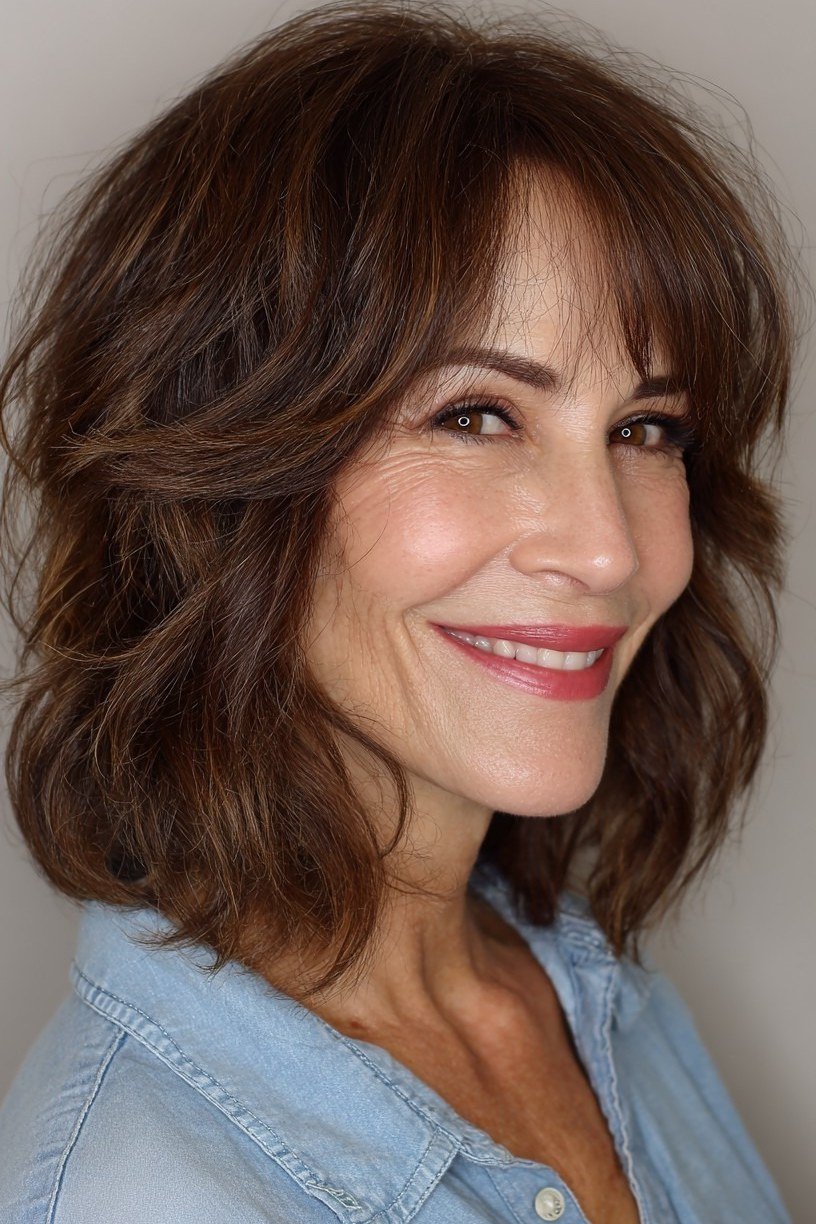 Brunette Wavy Bob with Curtain Bangs - hush cut hairstyle for women over 50, idea 32