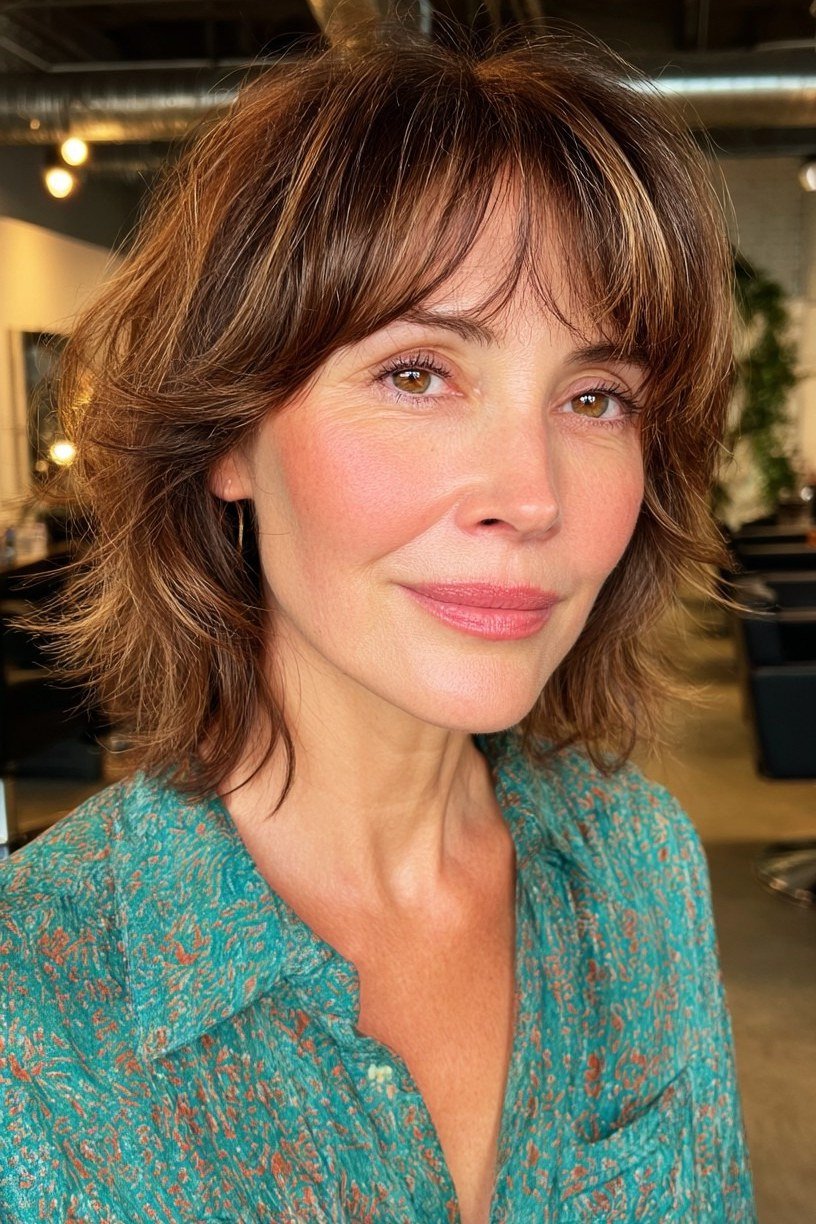 Brown Wavy Hush Bob with Wispy Bangs - hush cut hairstyle for women over 50, idea 33