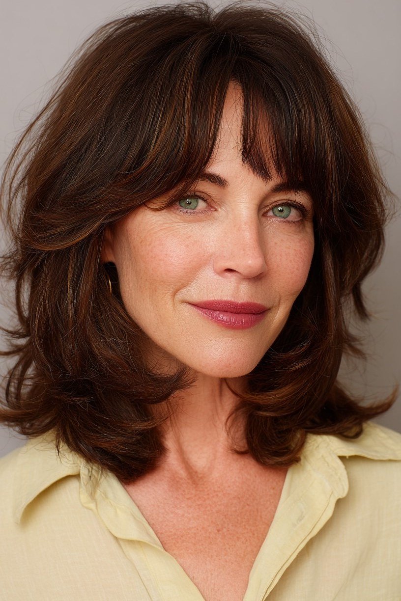 Dark Brown Wavy Hush with Full Bangs - hush cut hairstyle for women over 50, idea 35