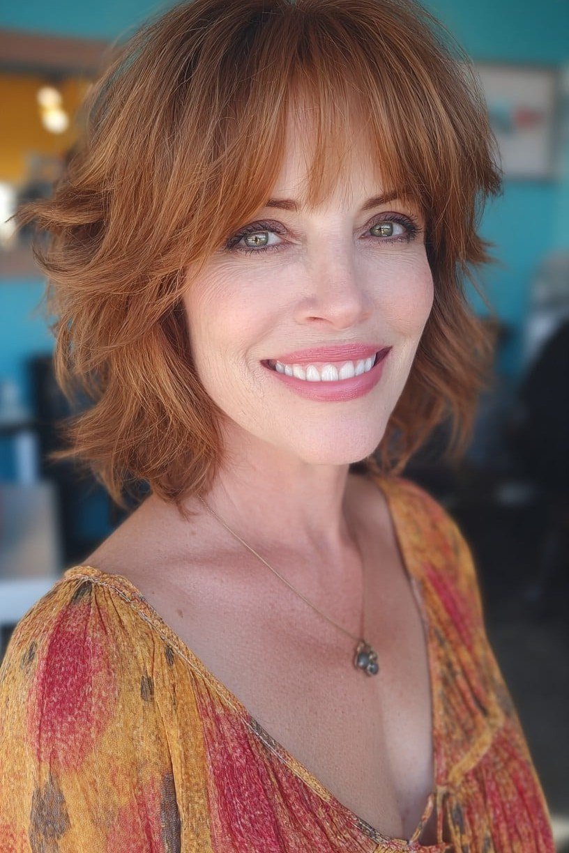 Copper-Red Shaggy Bob with Bangs - hush cut hairstyle for women over 50, idea 37