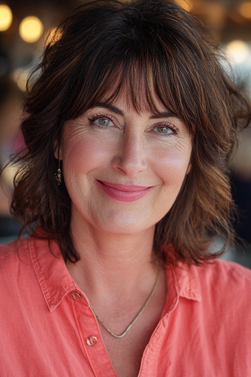 Brown Wavy Bob with Curtain Bangs - hush cut hairstyle for women over 50, idea 38