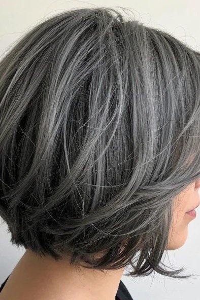 Silver-Gray Layered Bob with Bangs, Side View - hush cut hairstyle for women over 50, idea 42